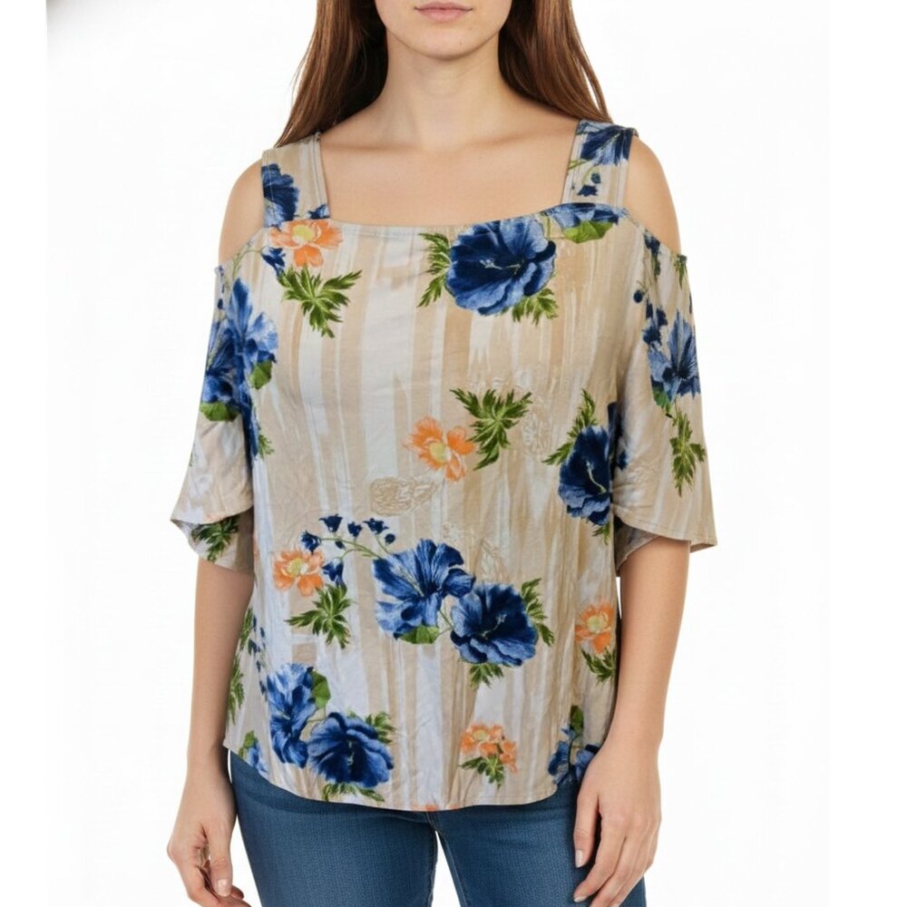 JM Collection Blue Orange Hibiscus Floral Cold Shoulder Top Boho Vacation XL